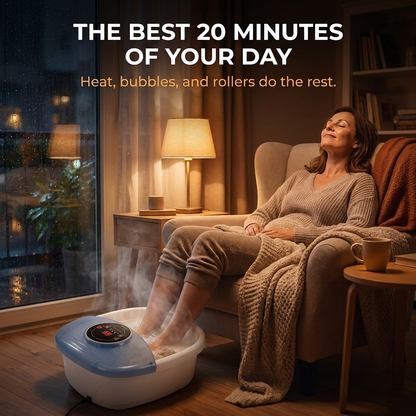 Lifestyle: relaxing in an armchair with feet soaking in the heated foot spa