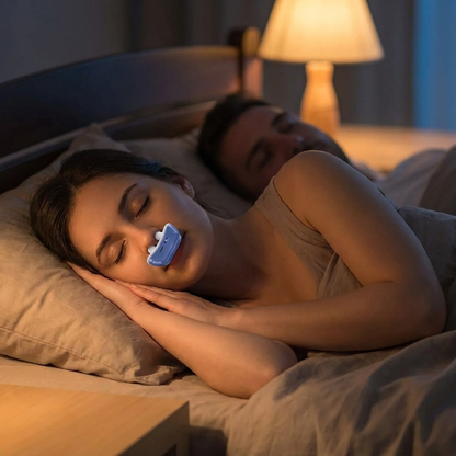 After: quiet nights, both partners sleeping soundly while wearing the anti-snoring nasal device