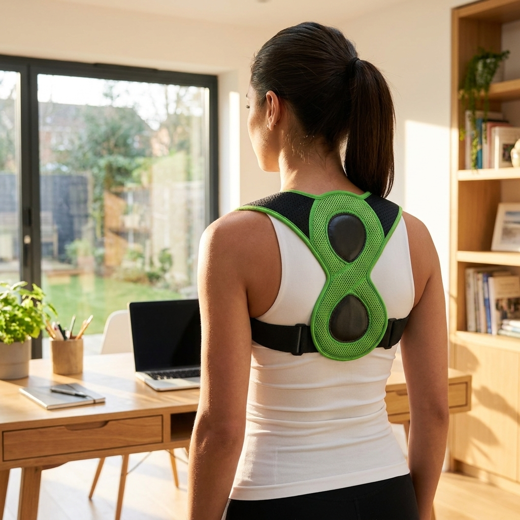 After: standing tall wearing the posture corrector back brace