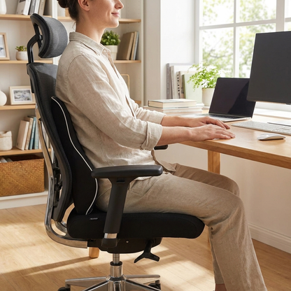 After: sitting comfortably upright with the memory foam lumbar pillow