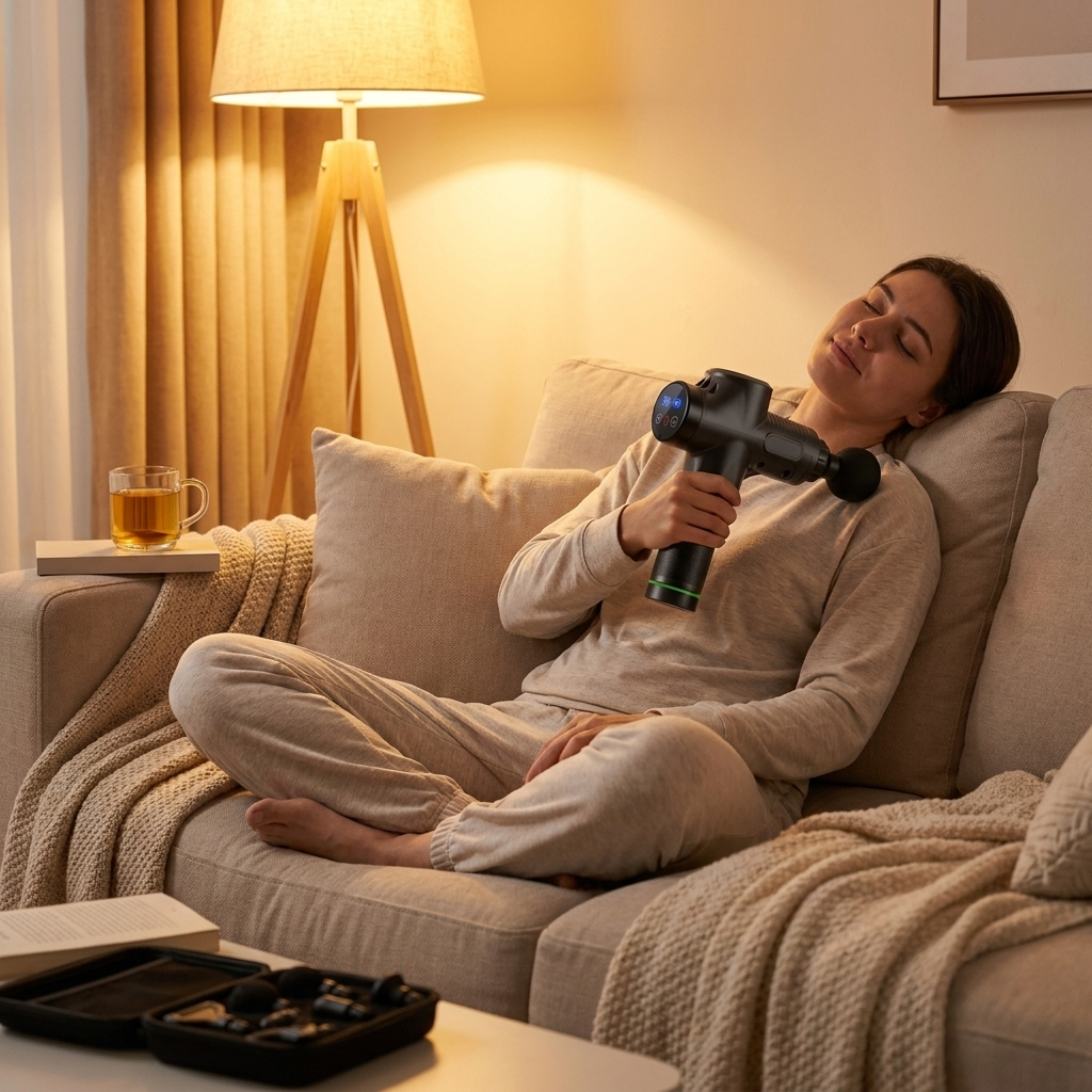After: quiet massage gun relief on the shoulder during TV time