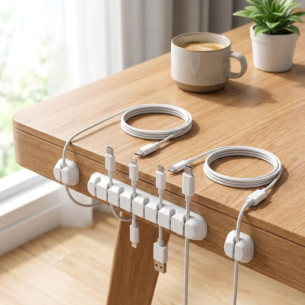 After: every cord in its place on the white silicone cable clips, within reach