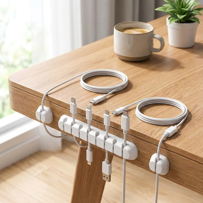 After: every cord in its place on the white silicone cable clips, within reach